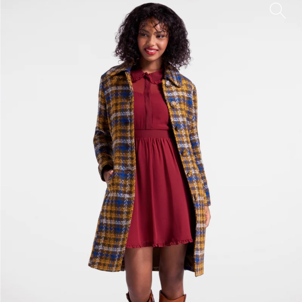 NWT Beautiful ModCloth Plaid Coat! 💛🤎💙